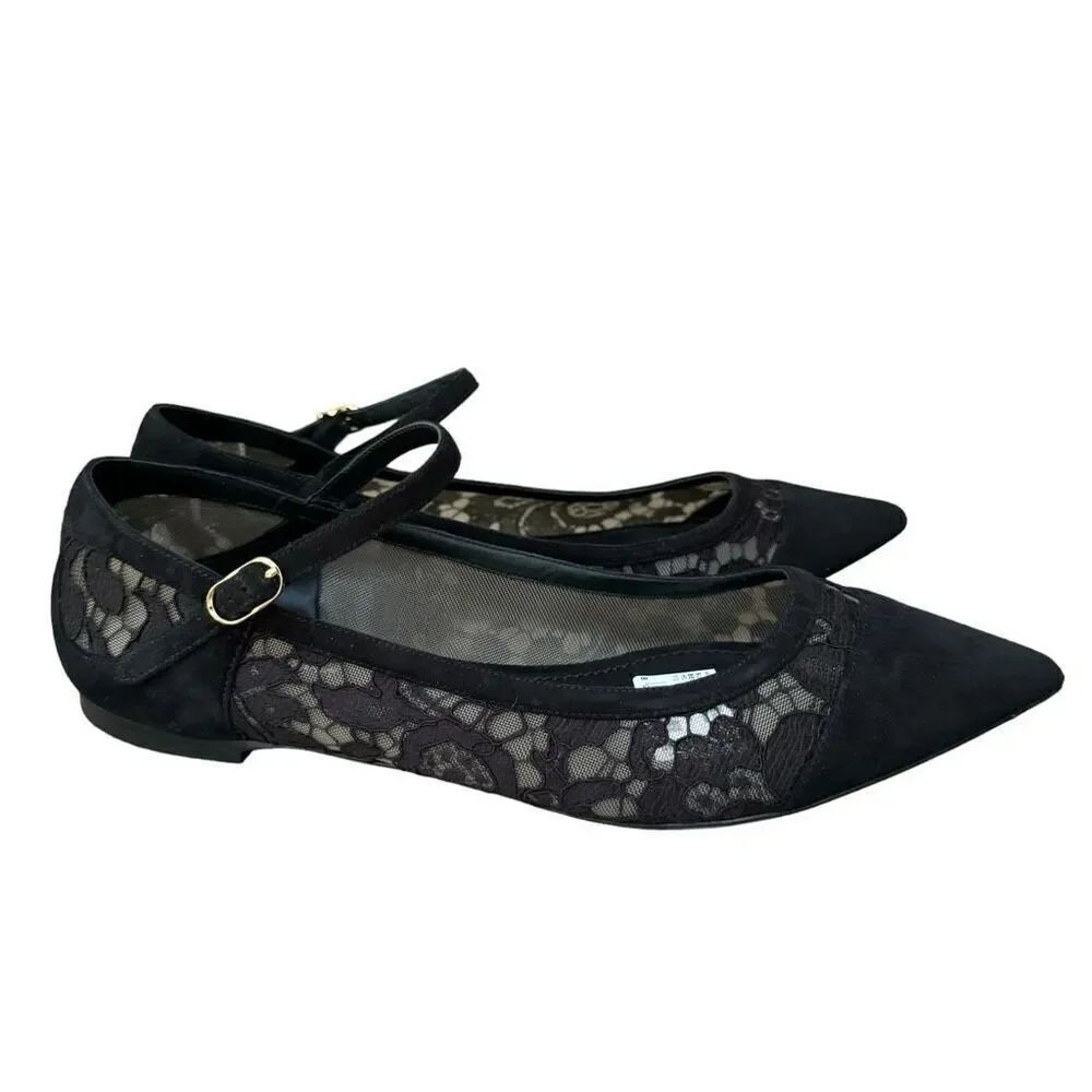 Dolce & Gabbana Black Suede and Lace Mary Jane Ballet Flats Size 38.5 or 8US